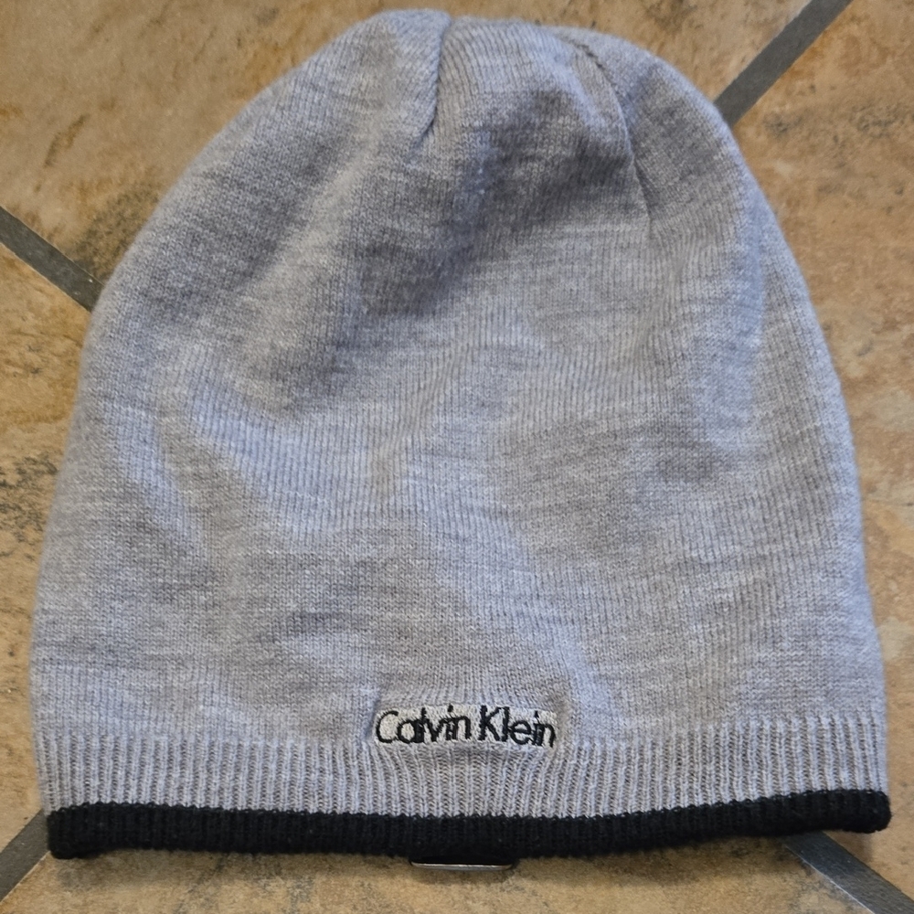 Calvin Klein Gray and Black Knit Beanie Hat